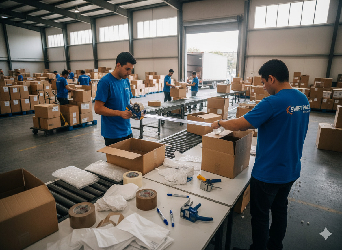 Packing service with boxes and tape
